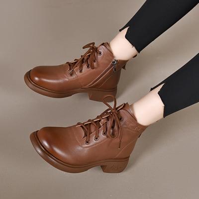 Leather Boots Women's Autumn and Winter Round Head Lace-up Martin Boots First Layer Cowhide Flat Bottom Short Boots Side Zipper Casual Women's Boots