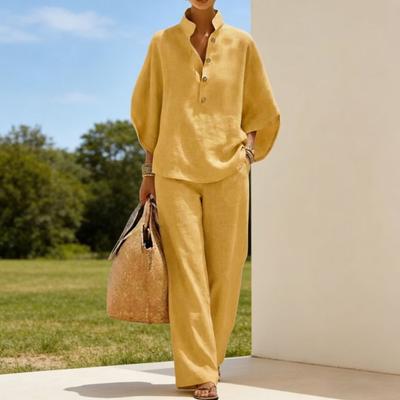 Damen Fledermausärmel Leinen Zweiteiler Lässiges Hemd und Weite Hosen Outfit Sommerurlaub Loungewear Sets