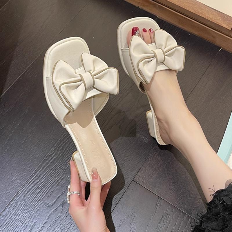 2025 spring and summer women's French sandals fashion trend thick heel half drag bow one word drag outer wear square head