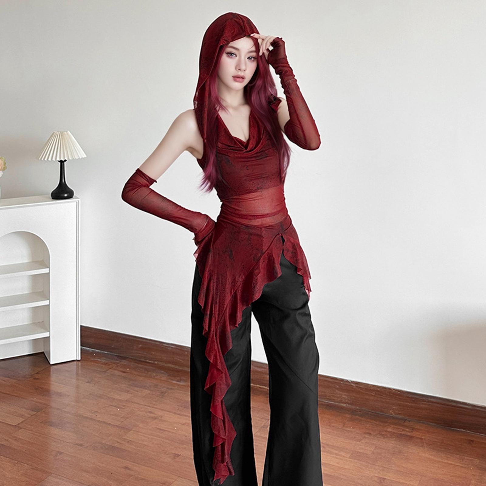 

Sleeveless Hooded Top with Draped Neckline and Asymmetric Hem Mesh Fabric Long Gloves Set for Costume Events and Themed Parties L