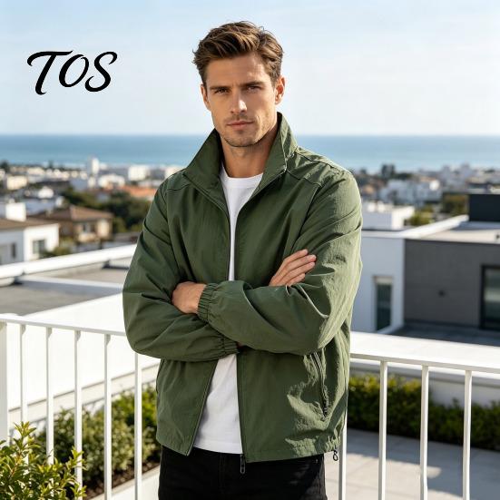 Durable Polyester Zippered Coats Men Windbreaker Jacket, Windproof Waterproof Stand Collar Coat, Casual Zip-up Spring Autumn Outerwear Jacket