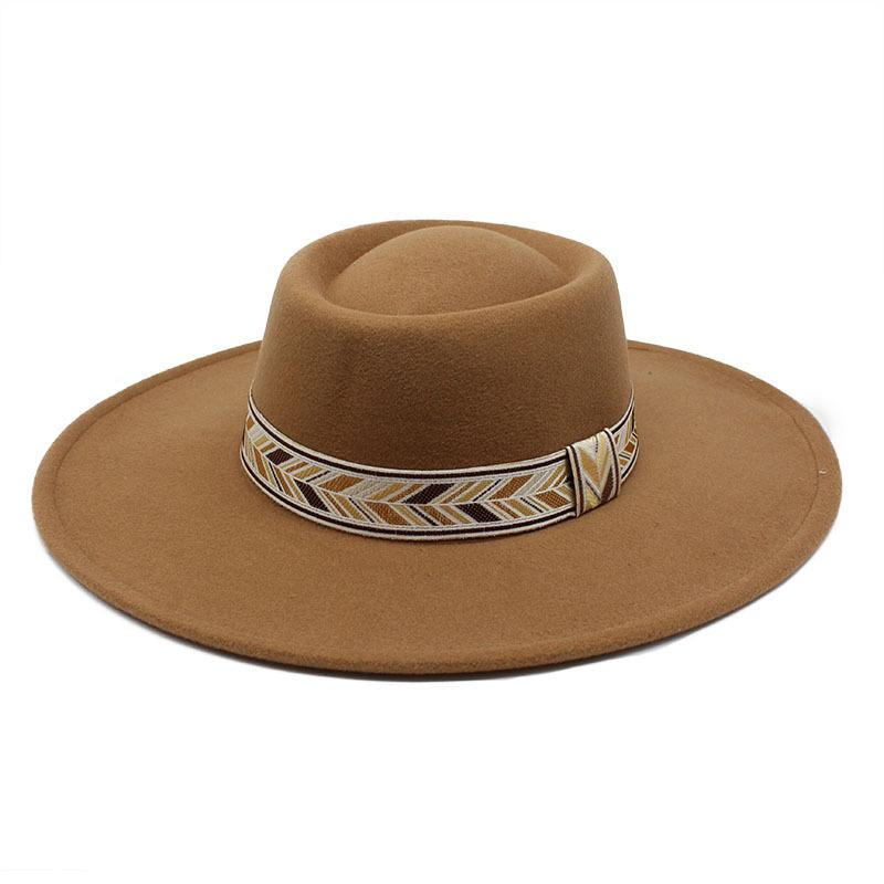 Retro Simple Solid Color Wool 9.5Cm Brim Men'S And Women'S Warm Outdoor Oval Ring Top Hat