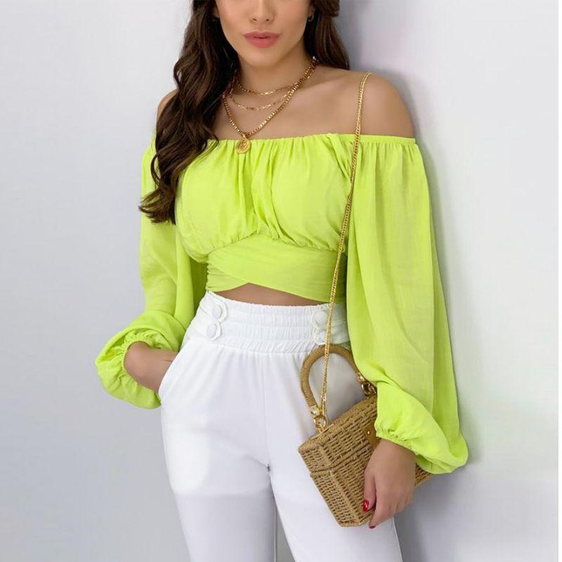 Navel Lantern Sleeve off-Neck Sexy Shirts Top off Shoulder Sexy Top