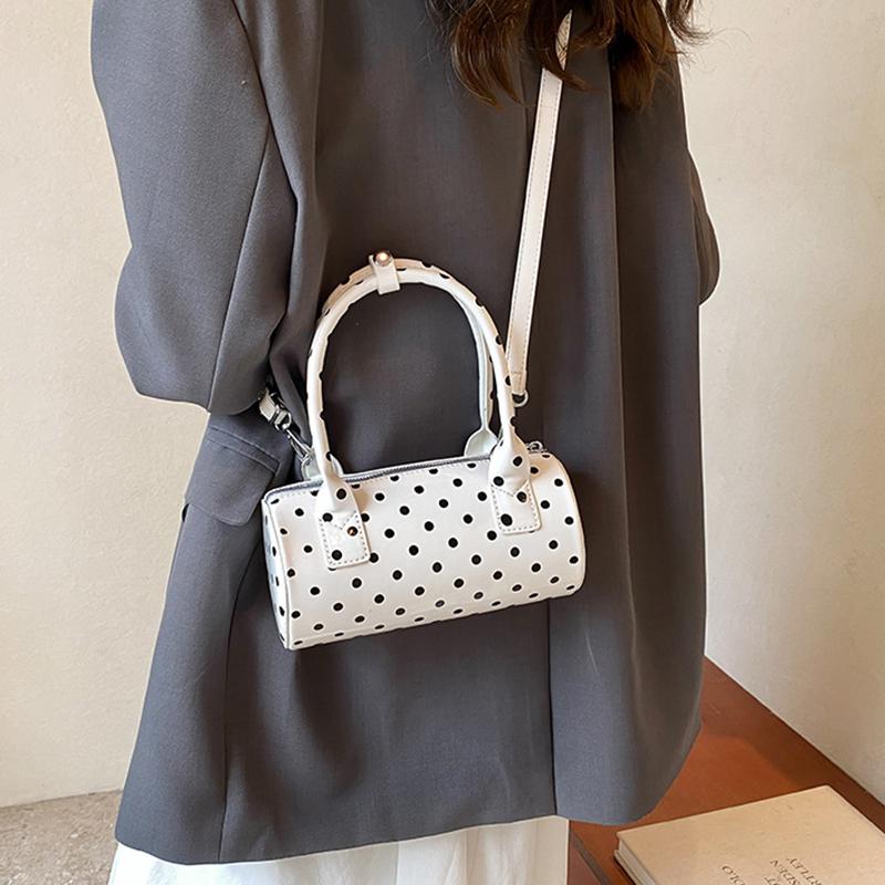 Yogodlns Chic Black & White Polka Dot Stylish Cylinder Crossbody Bag Braided Handle PU Leather Zip Closure Versatile Messenger Bag for Women