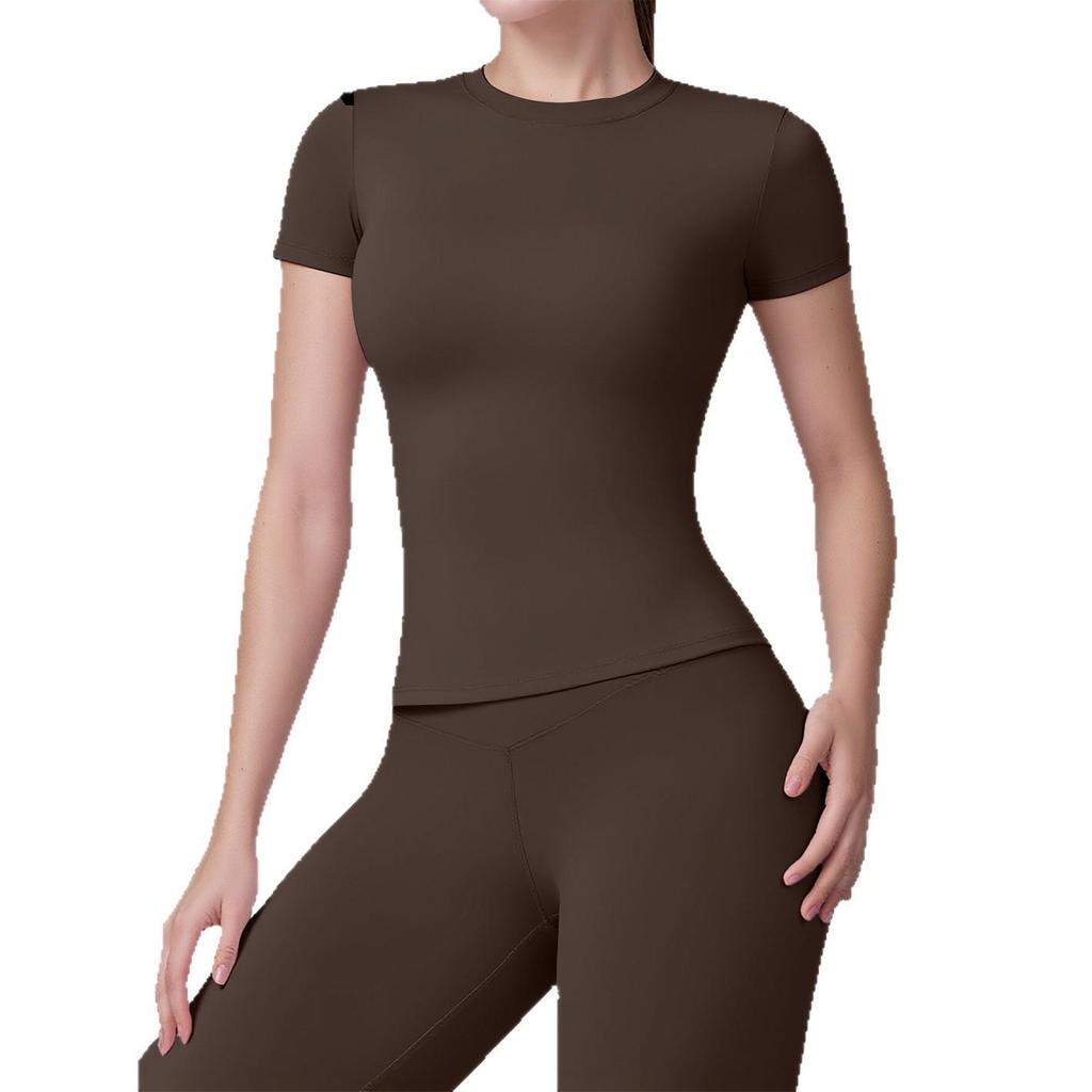 Women's Plain Round Neck Quick-Dry Yoga T-Shirt - Summer Slim Fit Fitness Top