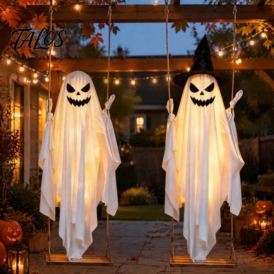 Fantasma Facile da Appendere per Decorazione Esterna Halloween Decorazione Luminosa, Grande Spettrale su un Viso Demoniaco Luminoso Altalena da Giardino con Cappello da Strega Portico