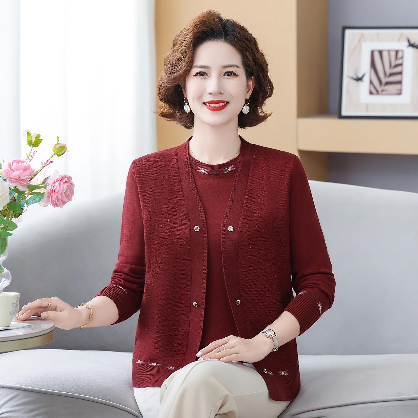 2026 Spring Two-Piece Knit Cardigan Set for Middle-Aged & Elderly Women XL (100-110 lbs) красный