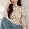 Woll- und Fleece-T-Shirt Damen Floral Herbst und Winter Neu Langarm-Oberteil Hoher Halsausschnitt Basis-Shirt