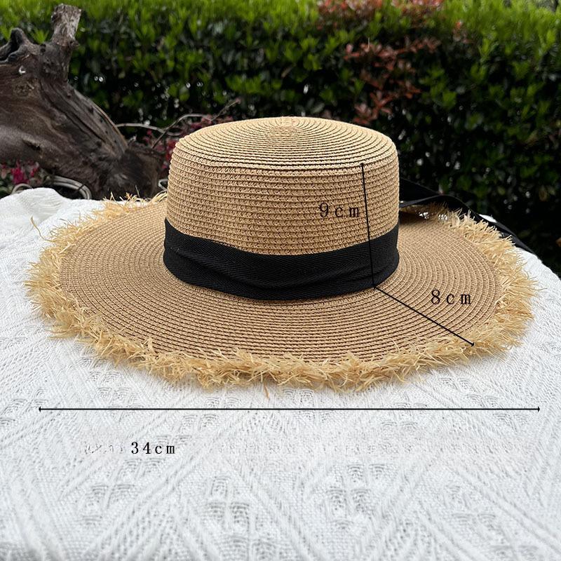 Summer Straw Hat, Lafite Grass Edge, Patchwork Hat, Women's Sun Hat, Artistic Bow, Flat Top Hat
