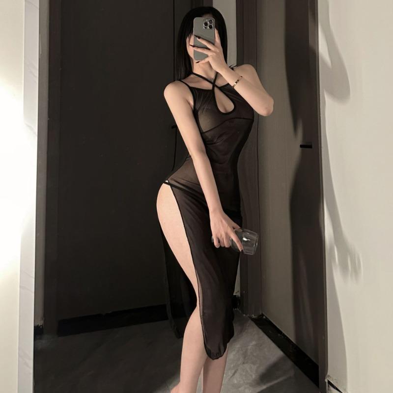 Nightclub Backless Perspective Elastic Sexy Slim Slim Slim Mesh Dress Ultra-thin Suspender Dress Home