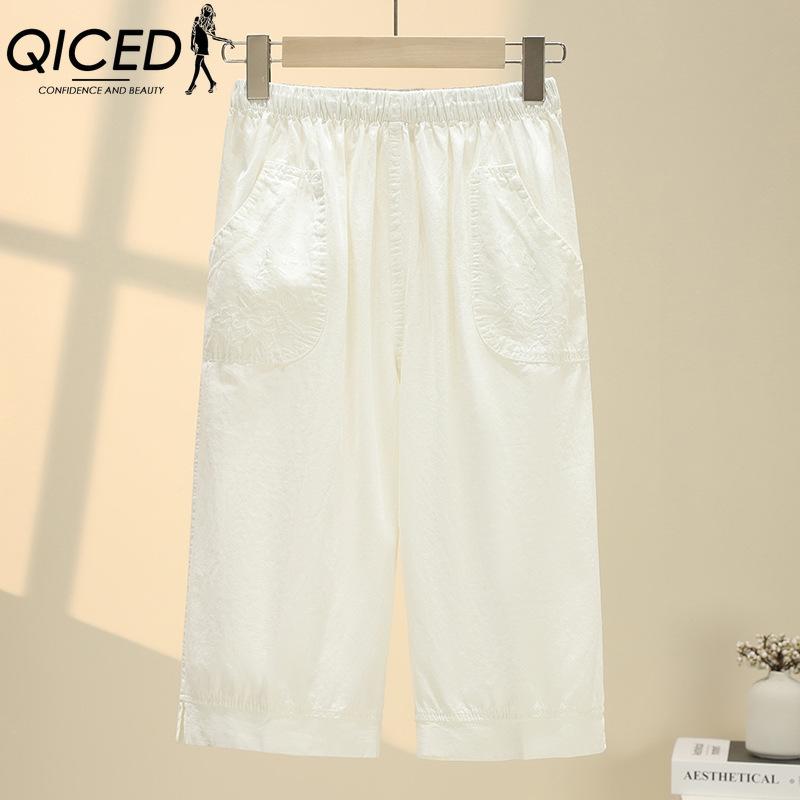 QICED Summer Women Elastic Waist Straight Trousers Middle Age Older Women High Waist Straight Pants Washed Cotton Cropped Plus Size Pants