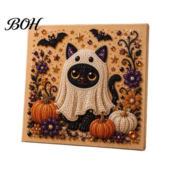Whimsical Ghost And Pumpkin Art Halloween Faux Pearl Kit, Cute Skeleton Painting Handmade Gift for Craft Lovers DIY 3D Kit Adults, Fall Home