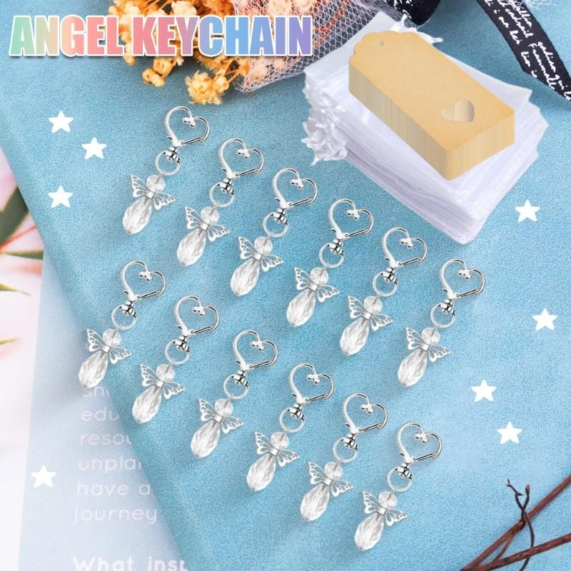 30Pcs Angel Wing Charm Keychain Decorative Key Holder with Drawstring Gauze Bag and Labels for Baby Showers Wedding