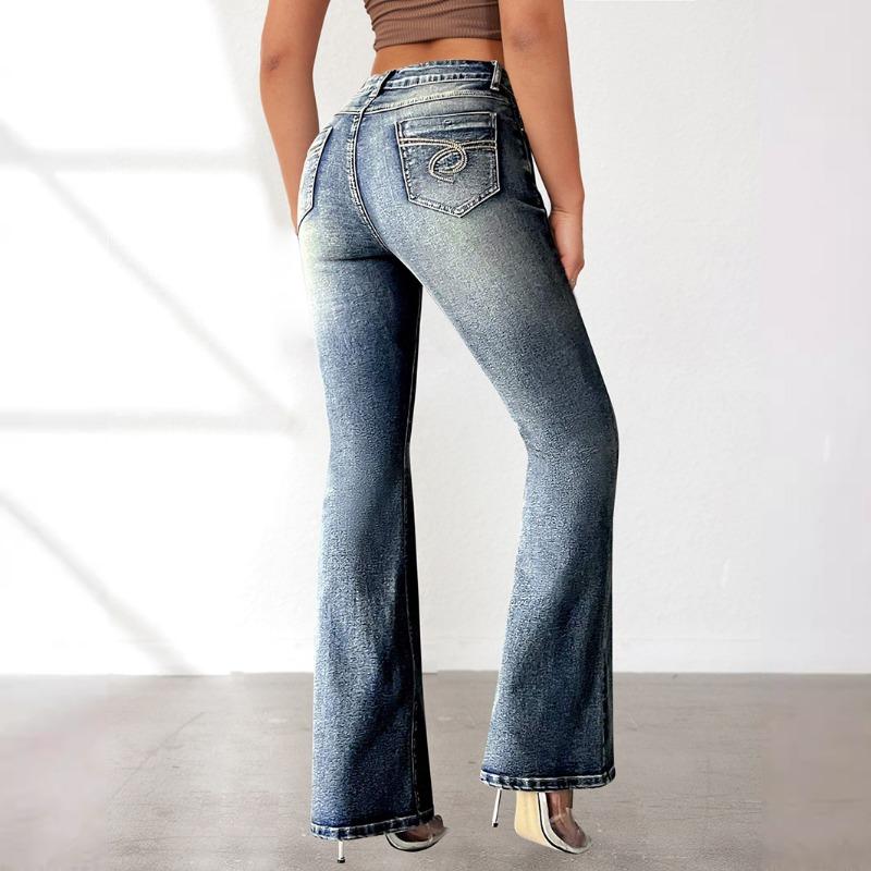 Women's Spice Girls Jeans High Elastic Pockets Embroidered Retro Jeans Slim-Fit Hip Lift Flared Pants