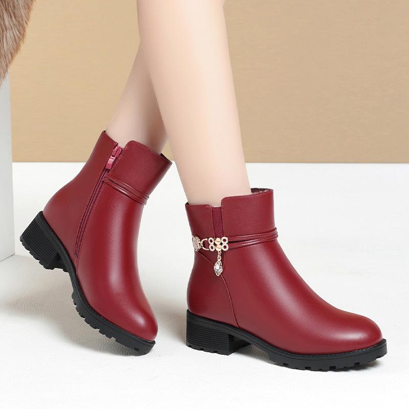 Coarse-heeled Short Boots Women's Velvet, Autumn and Winter Large Cotton Leather Shoes Soft Leather Mother Cotton Shoes  Elderly Thick-haired Boots