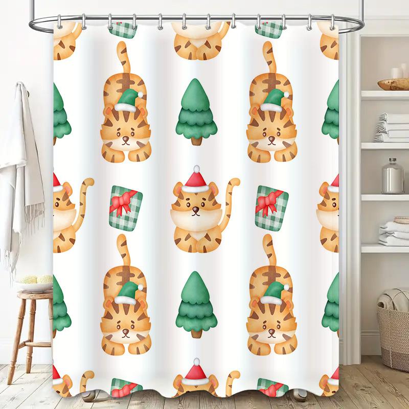 Santa Cat Christmas Shower Curtain Festive Tiger Print for Bathroom Decorations 3D Waterproof Fabric with Hooks in White Set