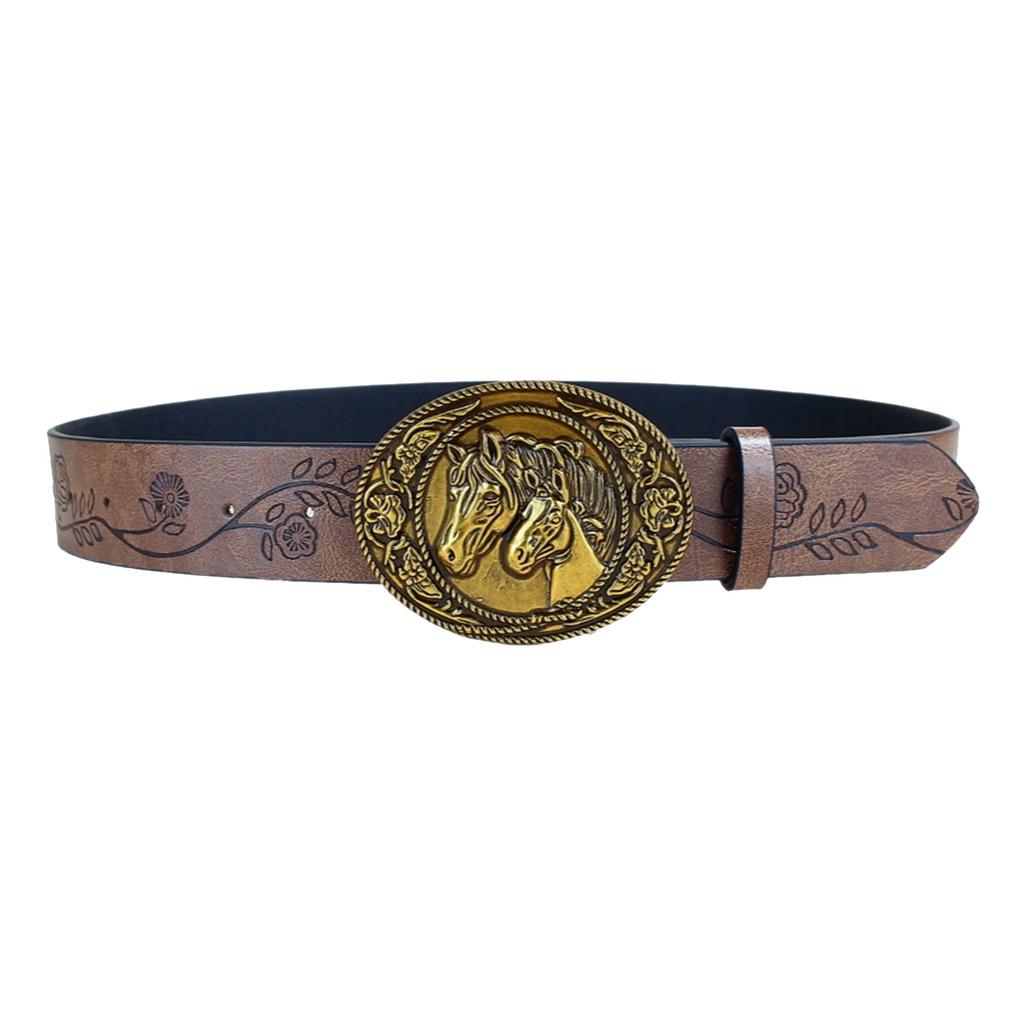 Waist Belt Punk Chain for Cowboy Cowgirl Carved Horse Buckle Retro Floral Buckle Waist Chain Sexy Belt
