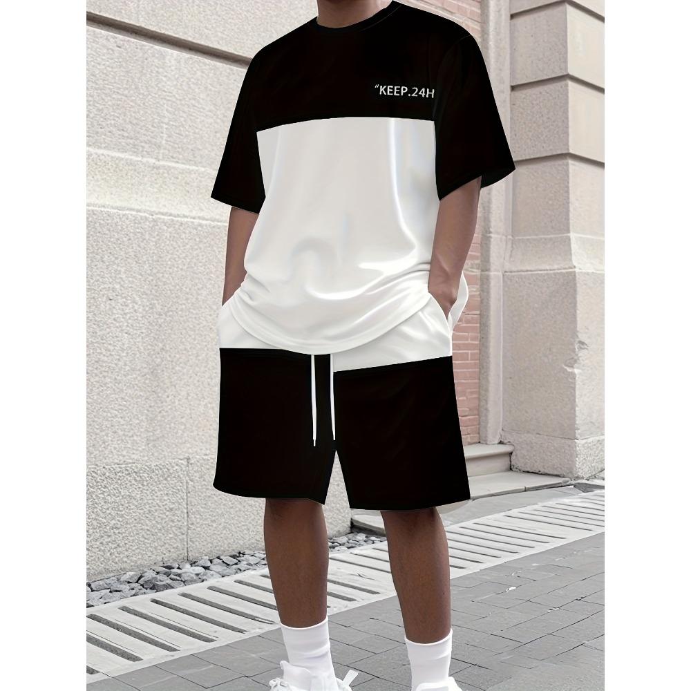 Men's Fashion Striped Patch Print Set, Comfortable and Breathable Round Neck T-shirt Two-piece Set, Outdoor Casual Wear