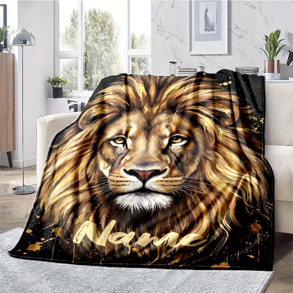 Custom Name Lion Theme Printed Blanket - Perfect for Couch, Bed, Travel & Outdoor Use | Machine Washable, Cozy & Durable.