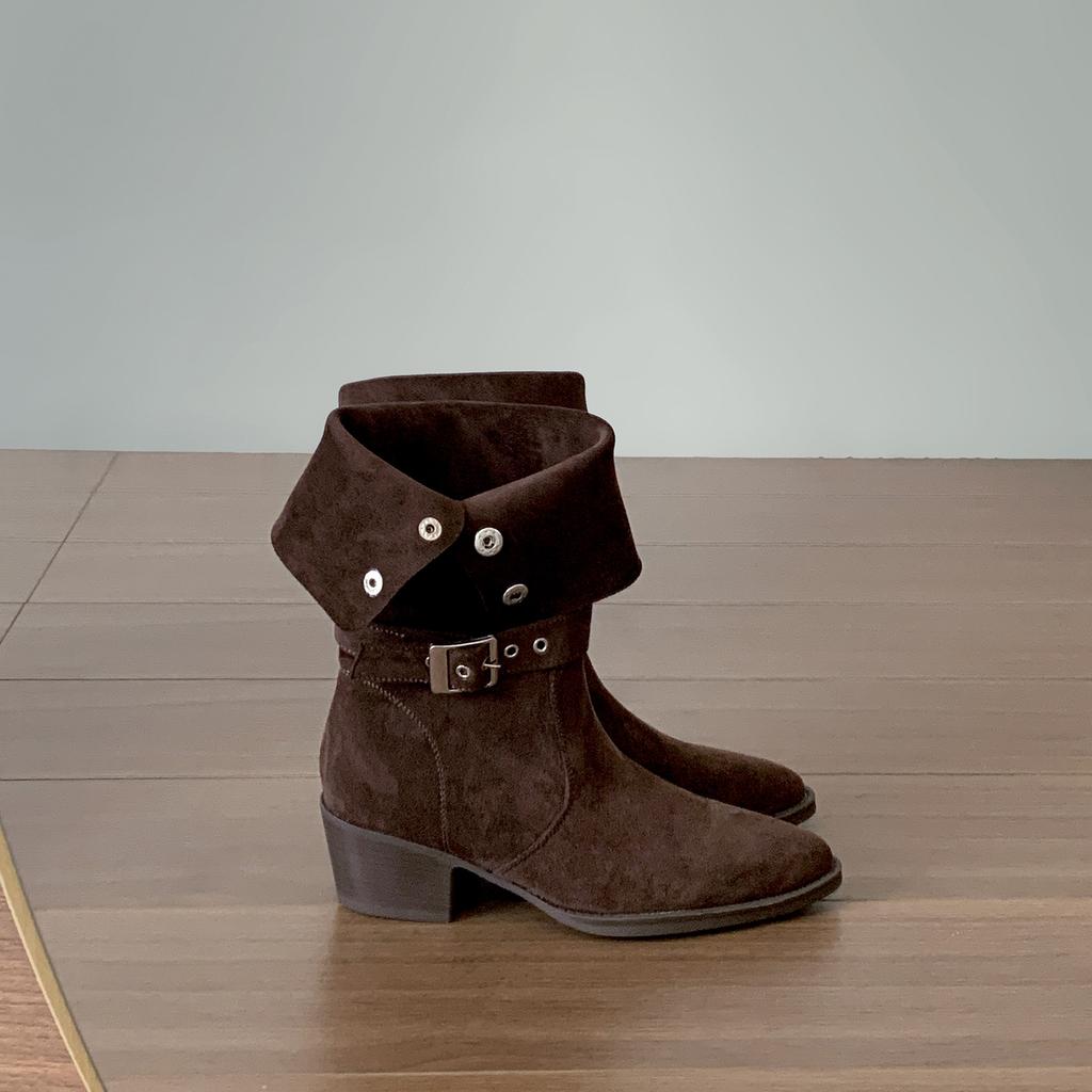 Khaki retro pointed thick heel boots women's 2025 new autumn versatile small man height and thinness knight boots