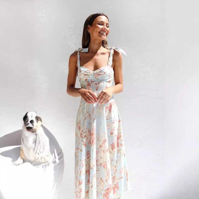 V-neck Printed Dress Women Foreign Trade Waist Hugging V-neck Sling Print Mid-Length Dress Women