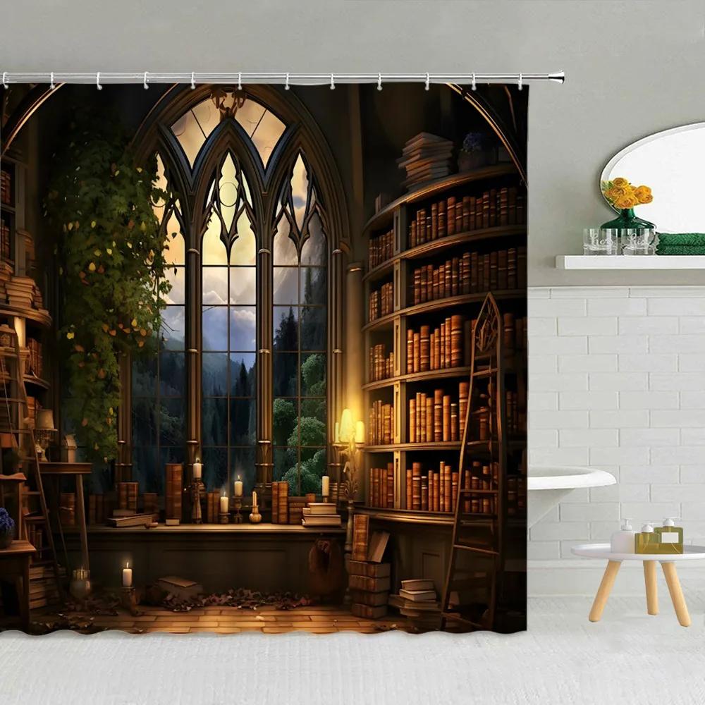 3D Library Shower Curtain, Vintage Bookshelf Books Gothic Magic Polyester Printed Fabric Bathroom Decorative Bathtub Accessories