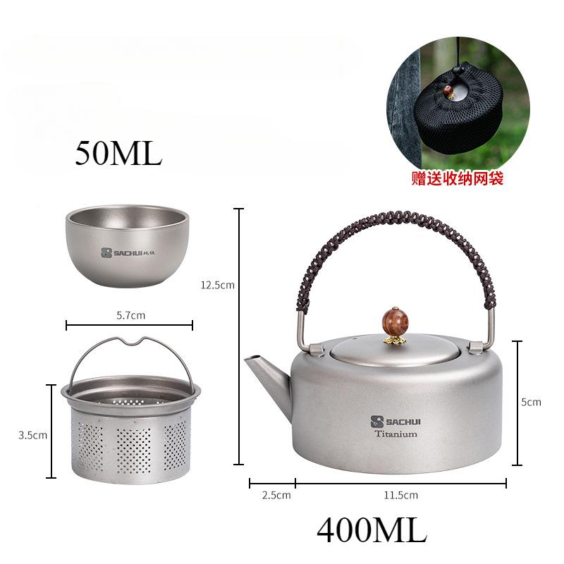 Pure Titanium Tea Kettle Outdoor Boiling Kettle Camping Portable Double Layer Tea Set with Storage Bag