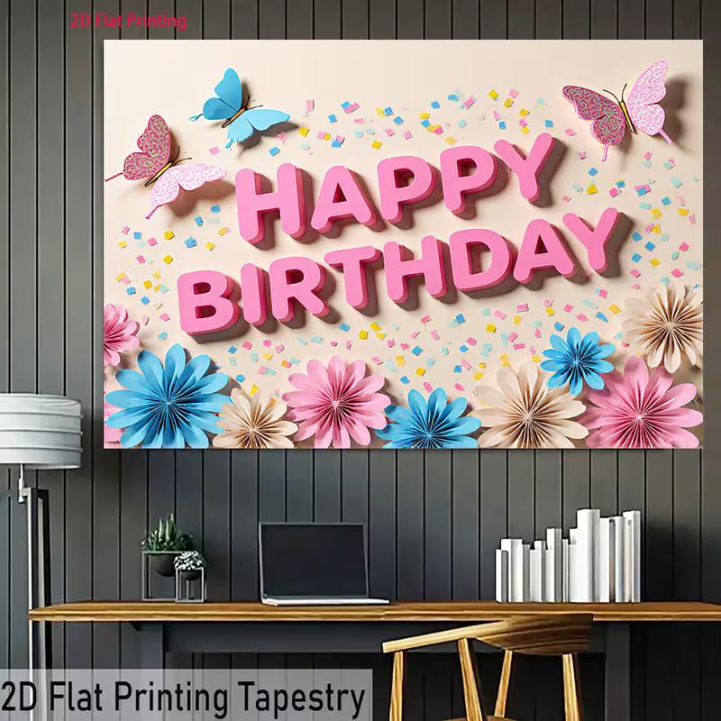 2D Pink Blue Flower Butterfly Backdrop Happy Birthday for Girls Themed Photo Booth Background