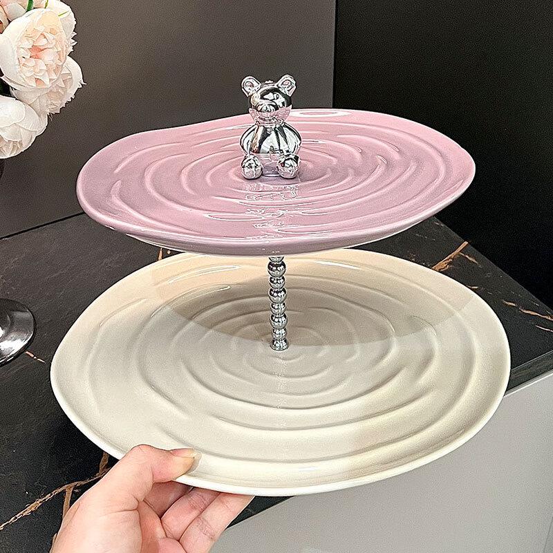 Розовый двухъярусный керамический набор фруктовых тарелок