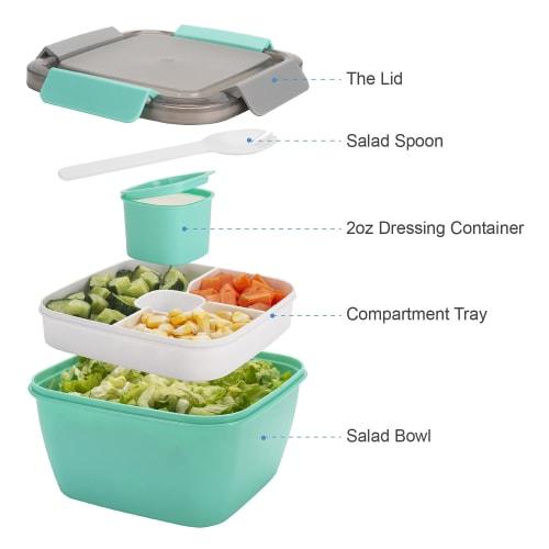 Freshmage 56oz Lunch Container To Go - Salad Bowl with 3 Compartments and Dressing Container for Toppings and Snacks - Unisex (Green)