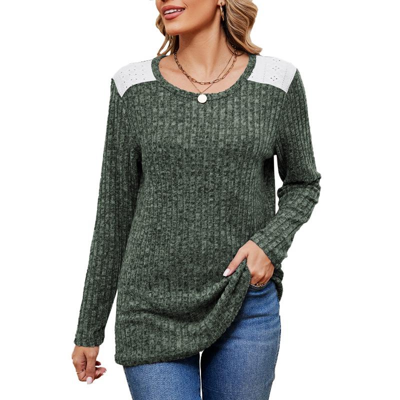 New Autumn and Winter Contrasting Color Round Neck Loose Long-sleeved T-shirt Brushed Top for Women