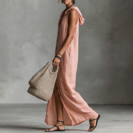 Hooded Sleeveless Maxi Dress for Women Button Down Casual Shirt Dress with Pockets Summer Beach Sweatshirt Long Dress