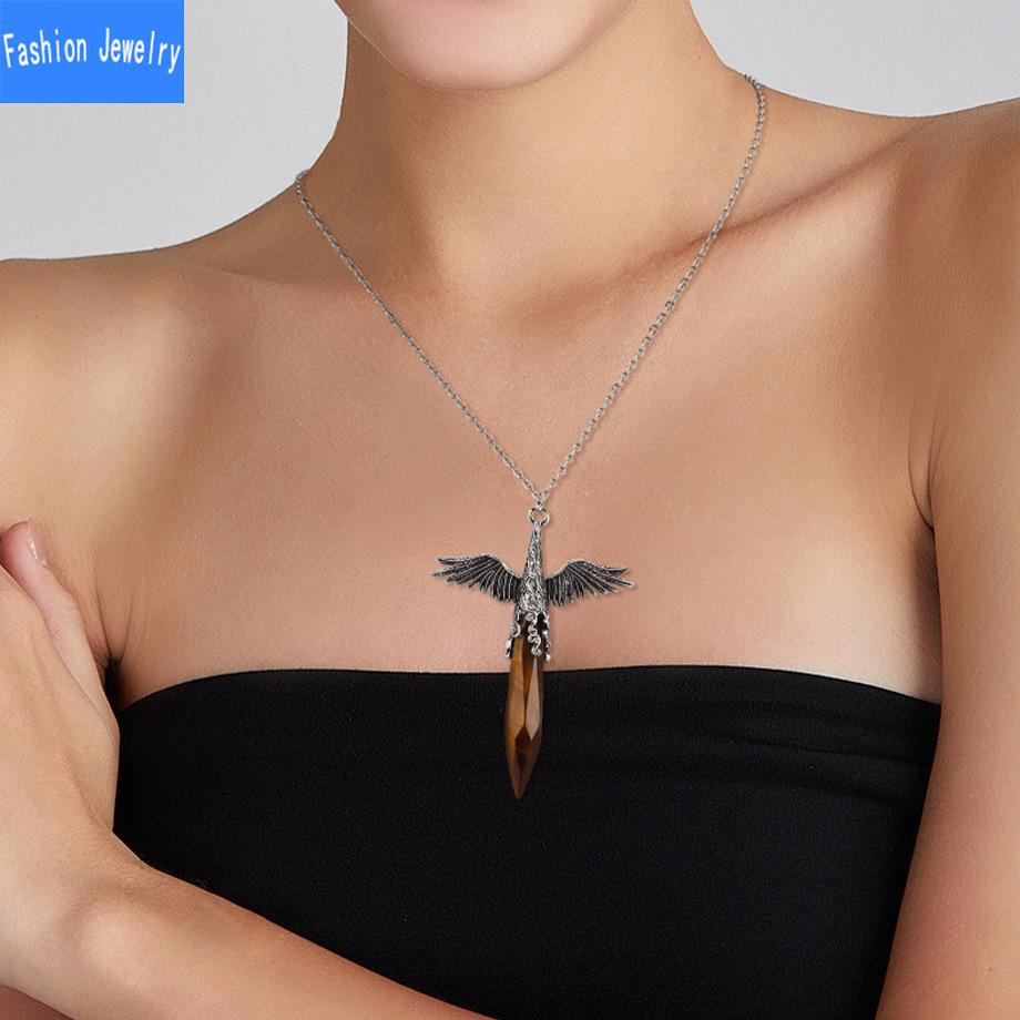 European and American fashion angel wings natural crystal stone faceted hexagonal column pendant necklace necklace