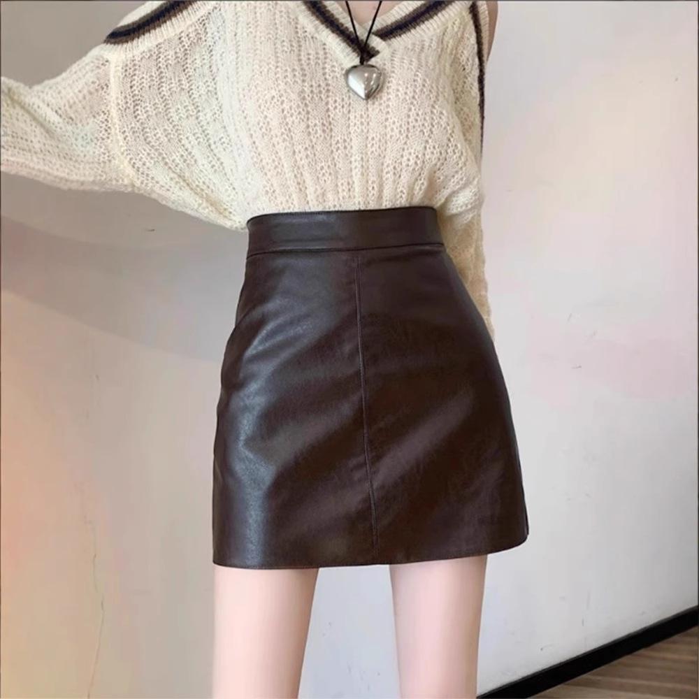 

Coffee PU Leather A-Line Midi Skirt - High Waist, Bodycon, Cinched Waist for Women XS [Recommended 70-80 lbs]