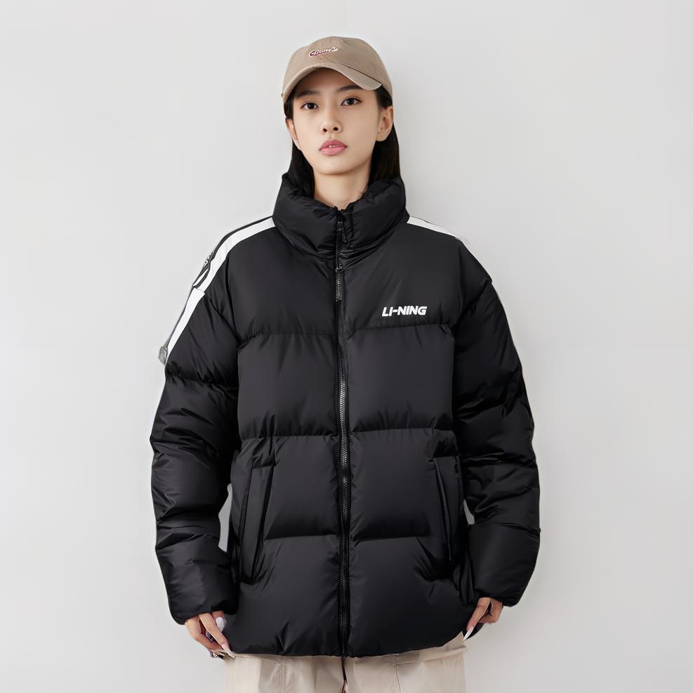 Li Ning Casual Sports Stand Collar Letter Print Striped Long Sleeve Down Jacket Unisex Outerwear Black YYMU161-1