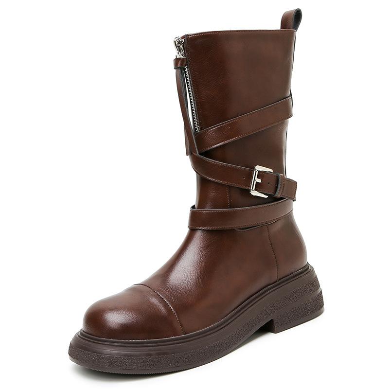 

Fashion Retro Brown Autumn Ankle Boot Women Fashion Cross Tied Buckle Mid Calf Boots Comfort Round Toe Front Zip Brand Designer Boots 35 коричневый