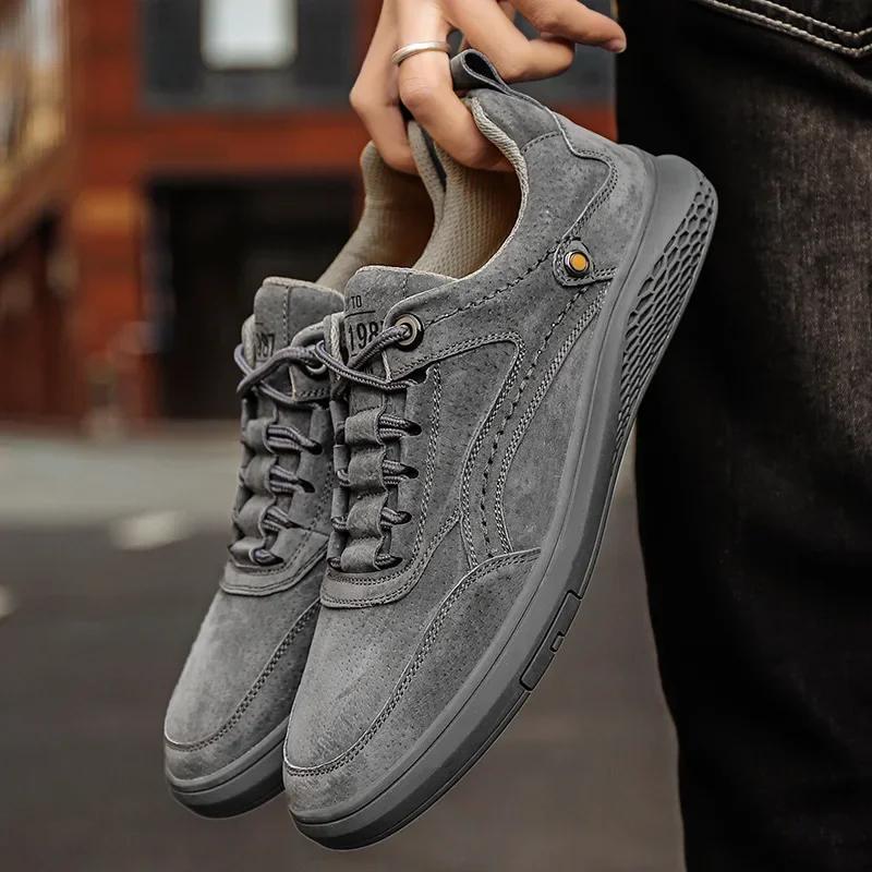 Brown Men Casual Shoes Handmade Man Shoes Suede Korean Style Skateboard Shoes Mens Sneakers Shallow Lace Up Shoes