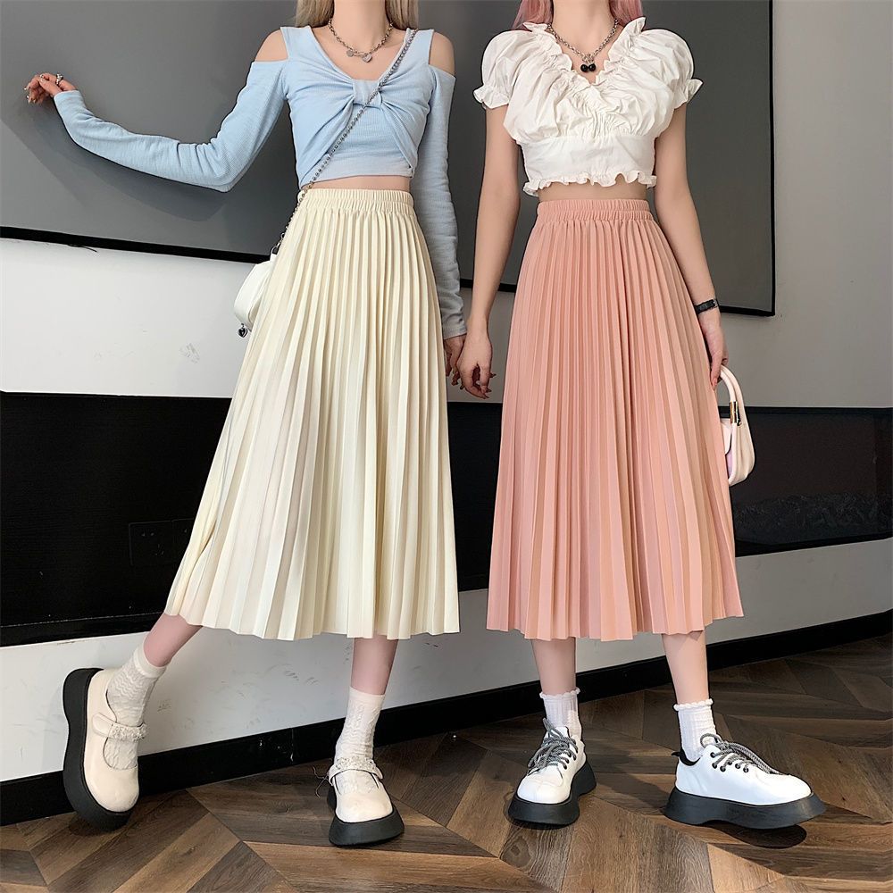 Luxury Long Pleated Skirts for Women Spring New Elegant Office Ladies Chic Elastic Band Fashion A Line Midi Skirt