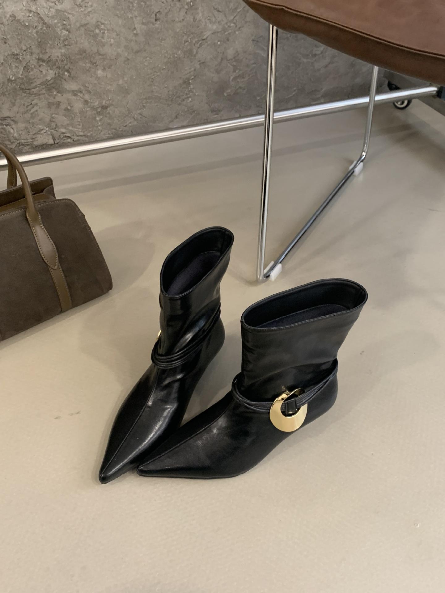 

2025 осень новые ретро низкий каблук Майяр короткие ботинки плиссированные тонкие остроносые ботинки женские 39 чёрный