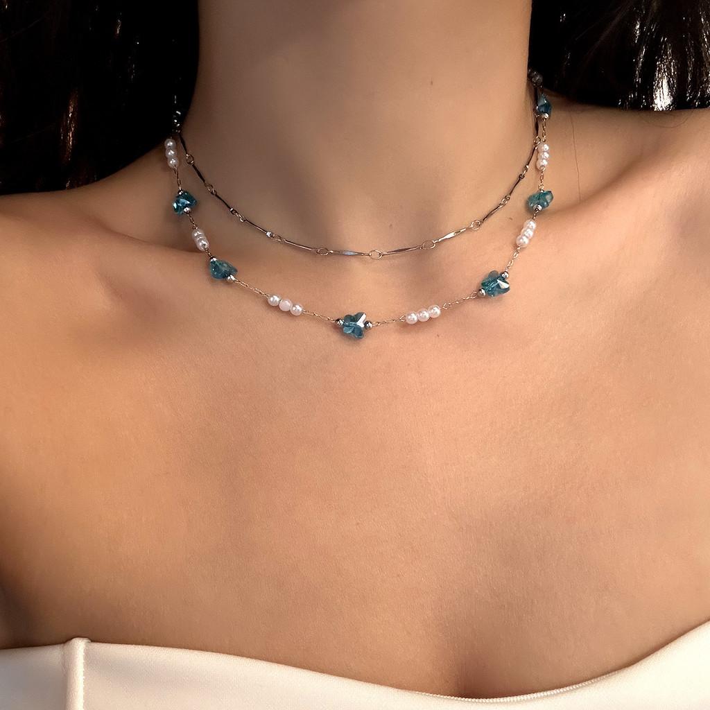 Ocean Blue Pearl Butterfly Necklace For Women Fashion Jewelry For Holiday Vacation