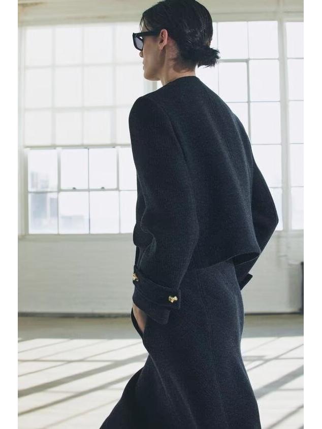 Evropský a americký styl dvouřadý krátký blejzr-pláštěnka ze směsi vlny s midi sukní