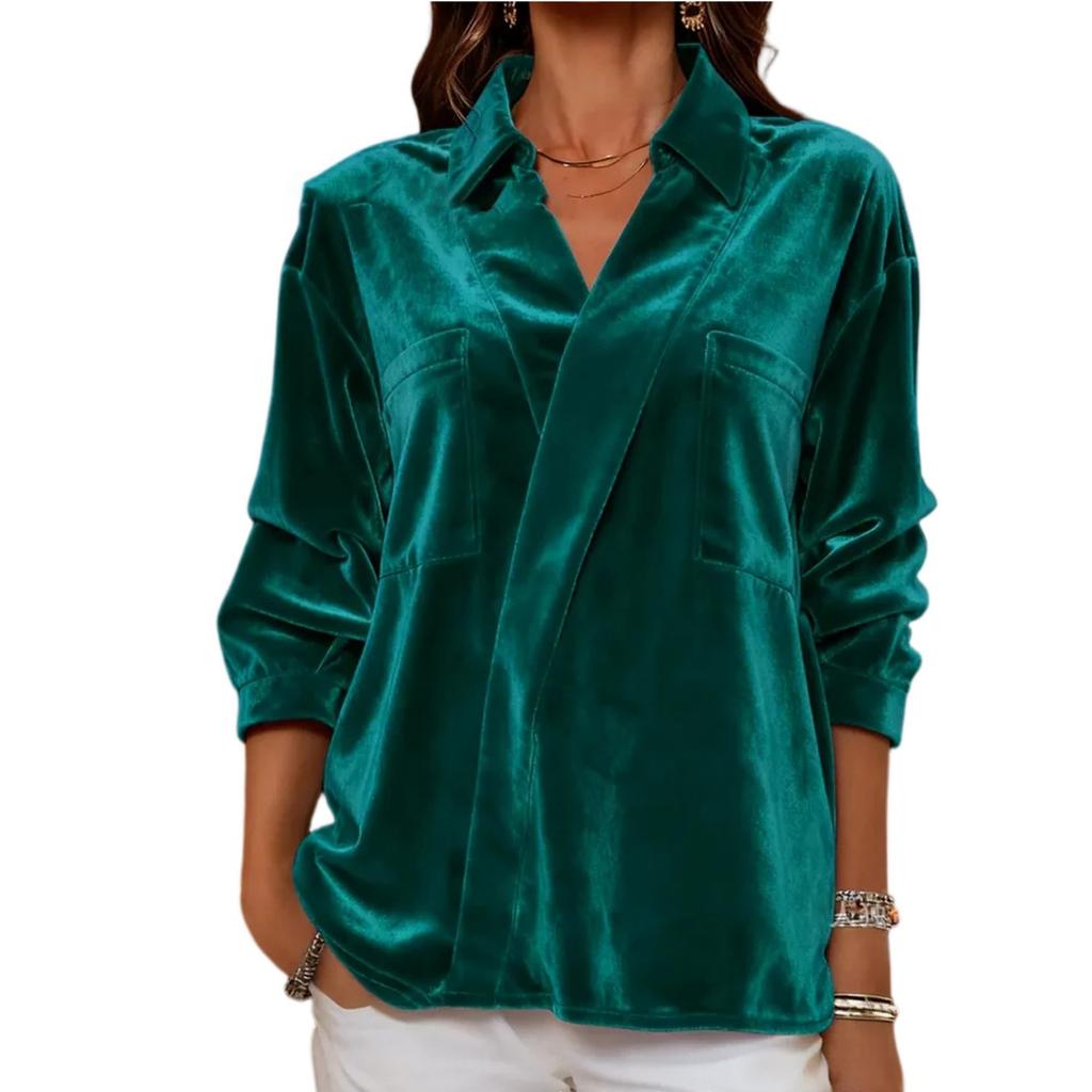 Fashionable Women's V-neck Versatile Velvet Lapel Shirt Women's Long Sleeved Shirt