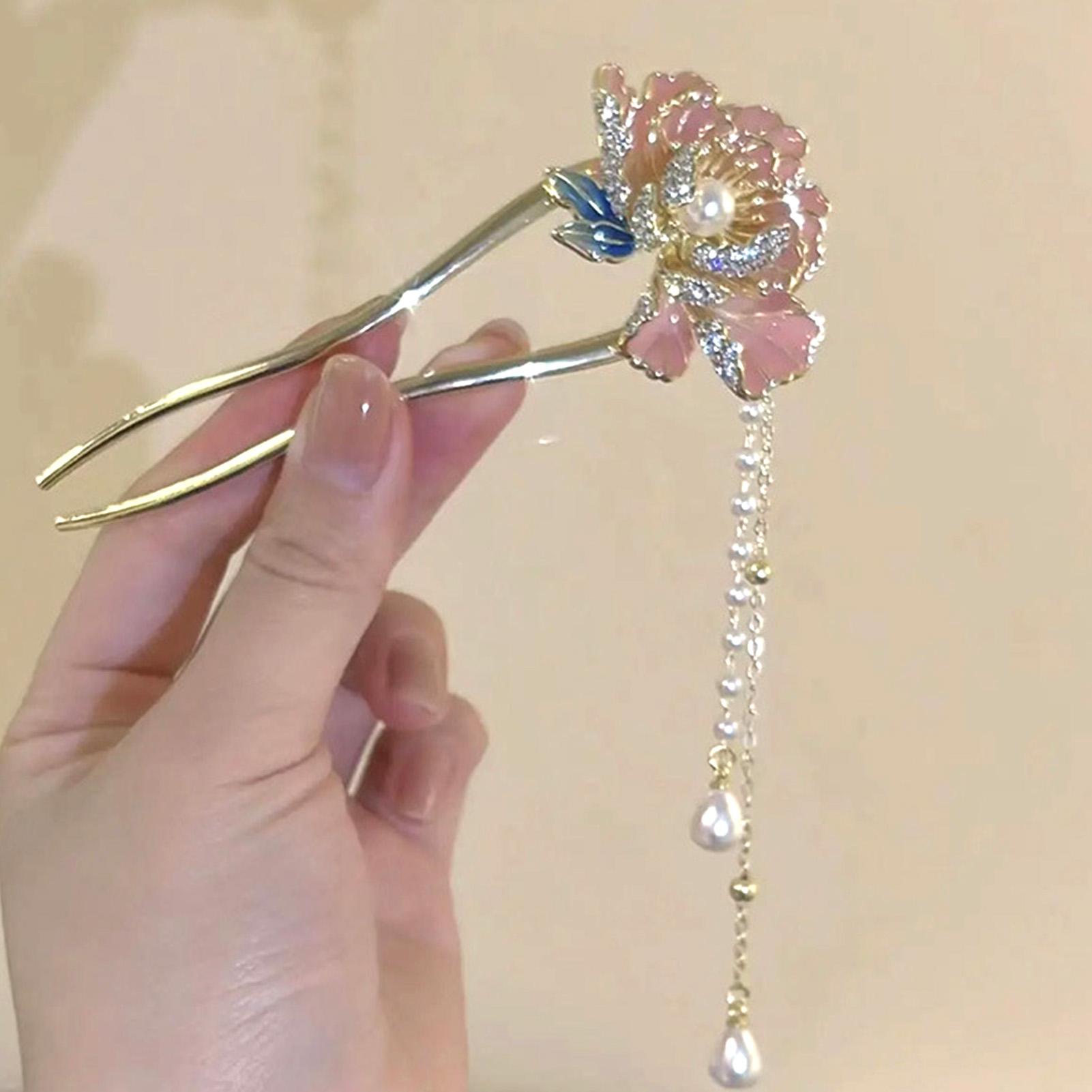 

White/Purple Enamel Flower Hairpins Ancient Chinese Style U Shaped Hair Sticks Elegant Women Pearls Pendant Hair Jewelry