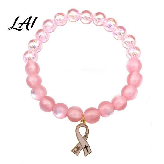 Versatile Commuting Casual Bracelet Breast Cancer Awareness Bracelets for Women Ribbon Support Ornament Charm Beaded Elastic Bracelet Encouragement
