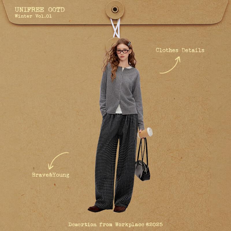 UNIFREE Retro Plaid Fleece-Lined Wide-Leg Casual Pants
