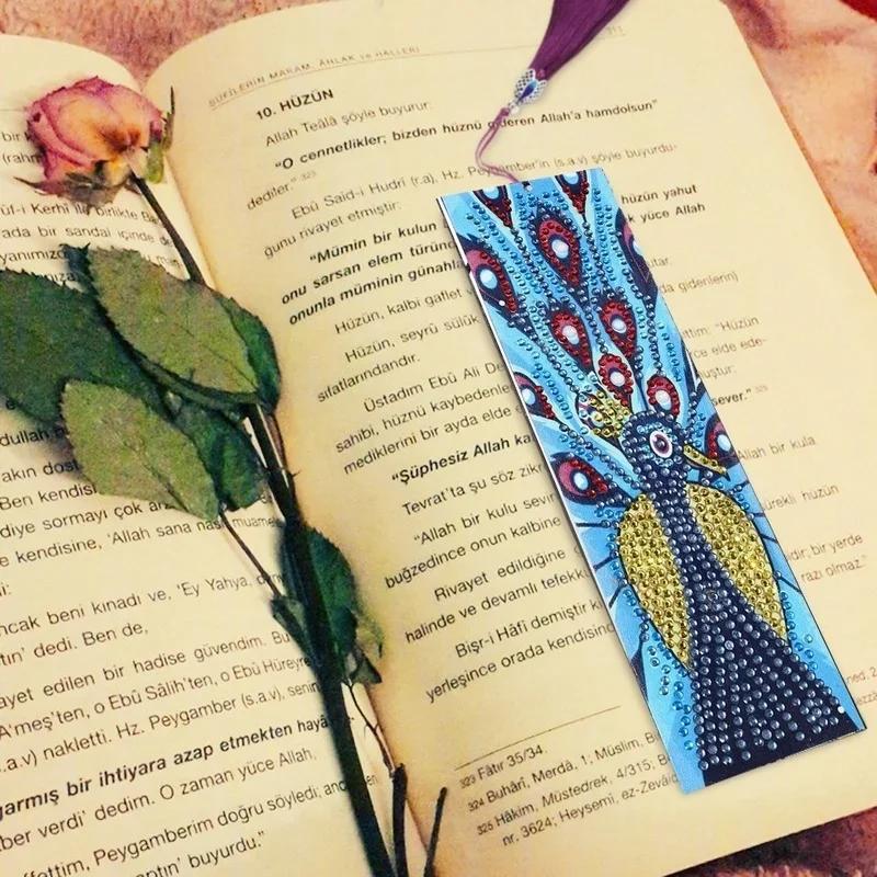 New DIY Point Bookmark Peacock Shaped Diamond Painting Leather Tassel for Girl Gift Cute Stationery School Supplies