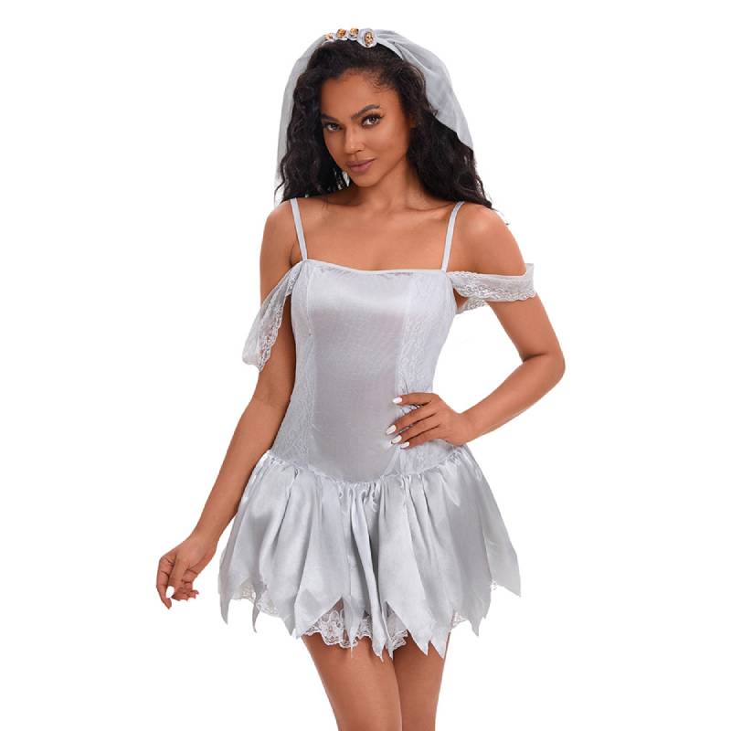Bride Ghost White Gauze Long Dress Cosplay Costume Halloween Party Play Role