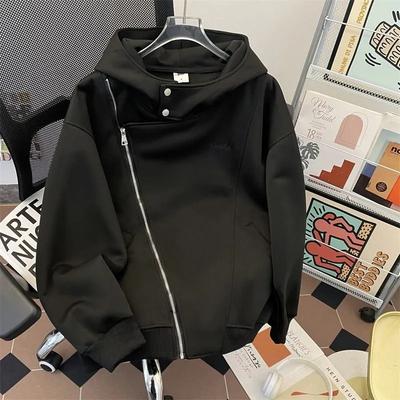 Felpa Cardigan con Doppia Zip da Uomo Primavera Autunno con Cappuccio Asimmetrico alla Moda Street Sports