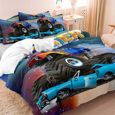 Set Copripiumino 3 pezzi con Stampa Cartoon per Auto Camion - Biancheria da Letto Morbida, Traspirante e Confortevole per Tutte le Stagioni con Chiusura a Cerniera