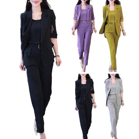 3 stk/sett kvinner forretningsdrakt V-hals ermeløs vest halvermet jakkeslag hul kåpe høy midje haremsbukser ensfarget formell pendlerstil